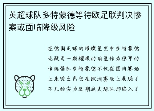 英超球队多特蒙德等待欧足联判决惨案或面临降级风险